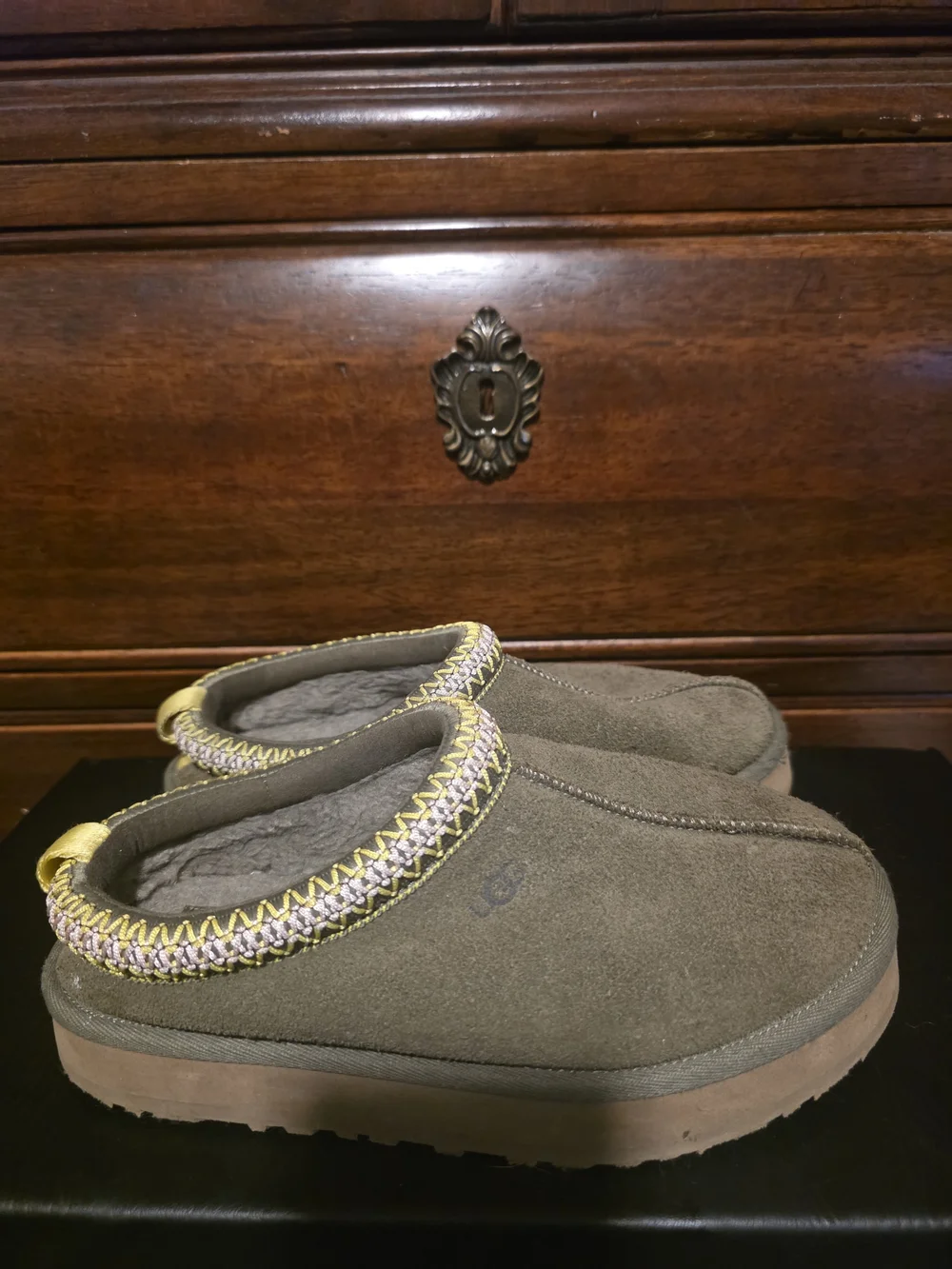 Kid's Slip-On Suede Clog in Olive with Contrasting Trim